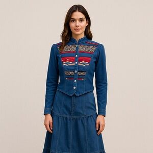 Vintage Denim Aztec print studded cropped jacket/blazer|4P